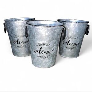 Welcome Galvanized Metal Buckets 4 1/2 inches tall - Set of 3